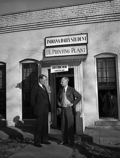 Image showing the outside of I.U. Printing Plant with Ernie Pyle in 1944